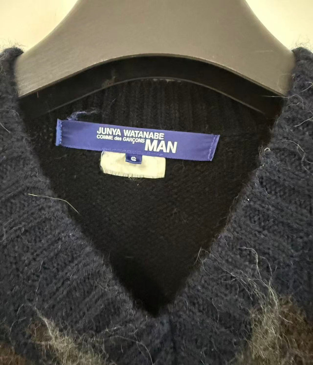 Junya Watanabe Comme des Garçons 19AW Grey and Black Wool Check V-Neck Sweater