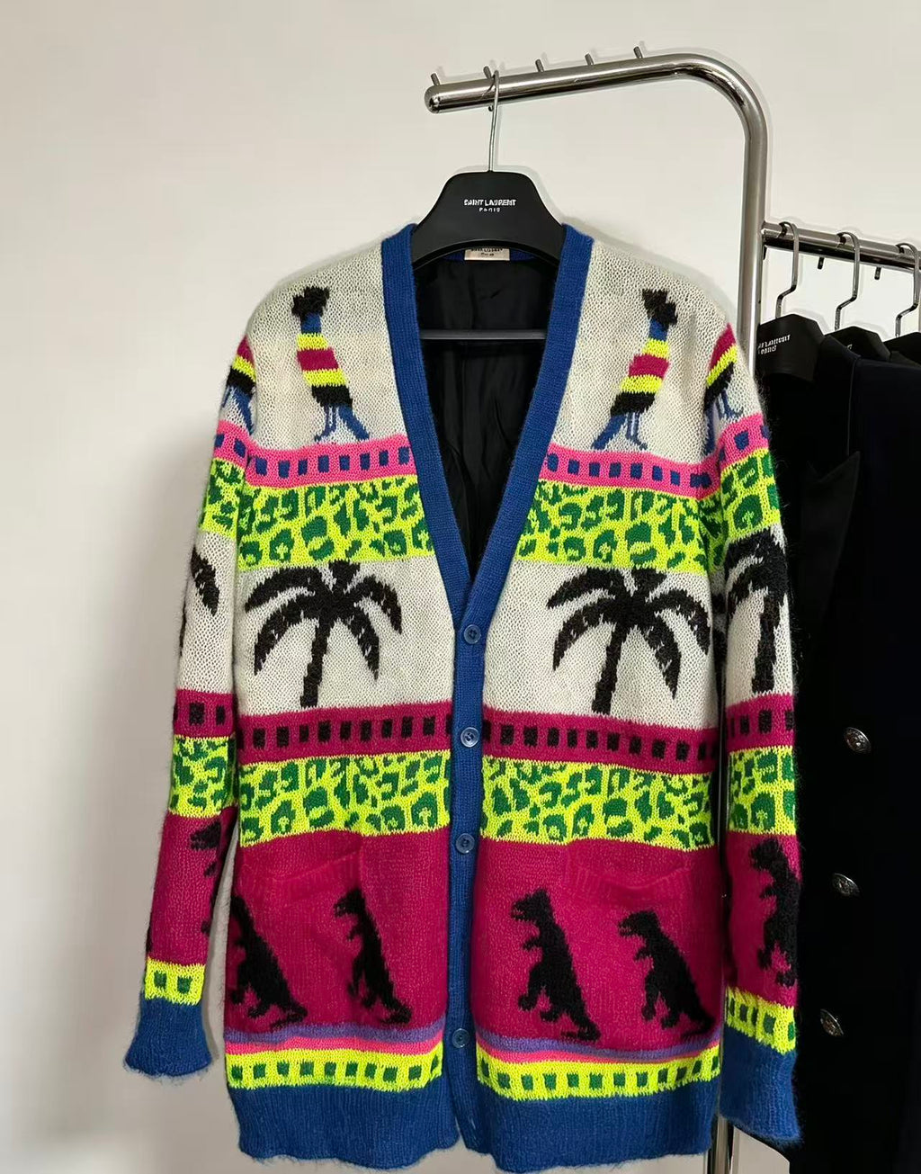 Saint Laurent 16SS Surf Sound  Dinosaur Jacquard Mohair Cardigan