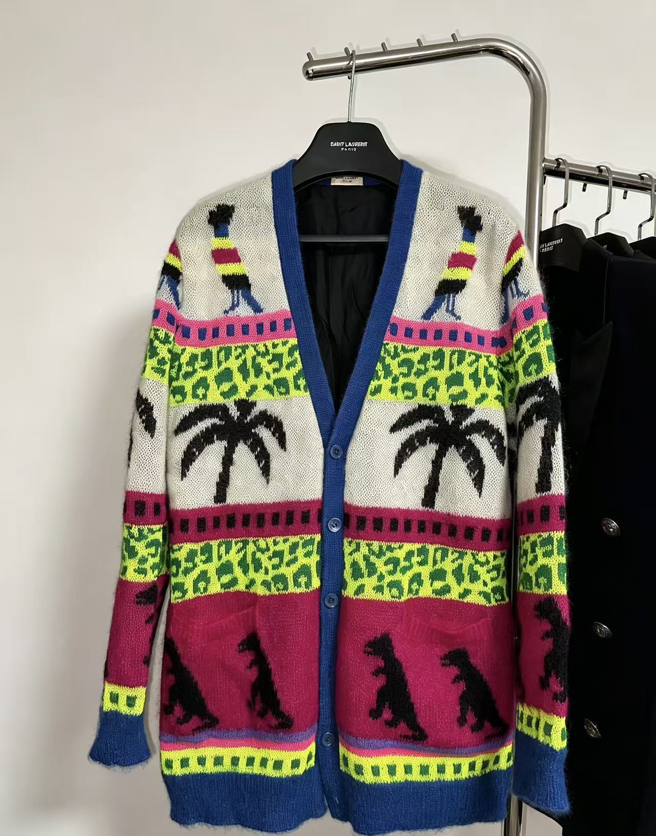 Saint Laurent 16SS Surf Sound  Dinosaur Jacquard Mohair Cardigan