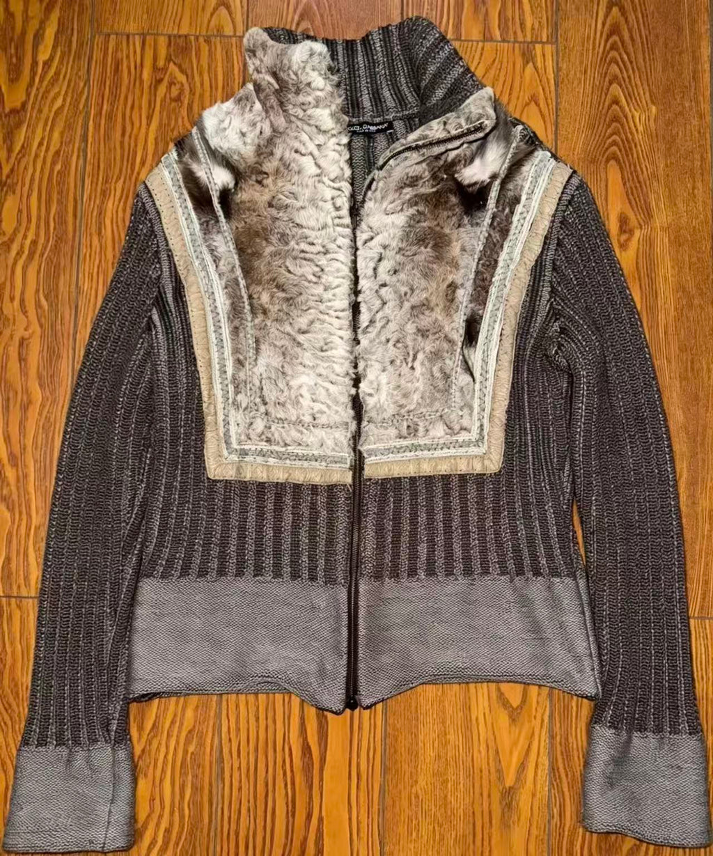 DOLCE&GABBANA Chunky Ribbed Knit Faux Fur Jacket