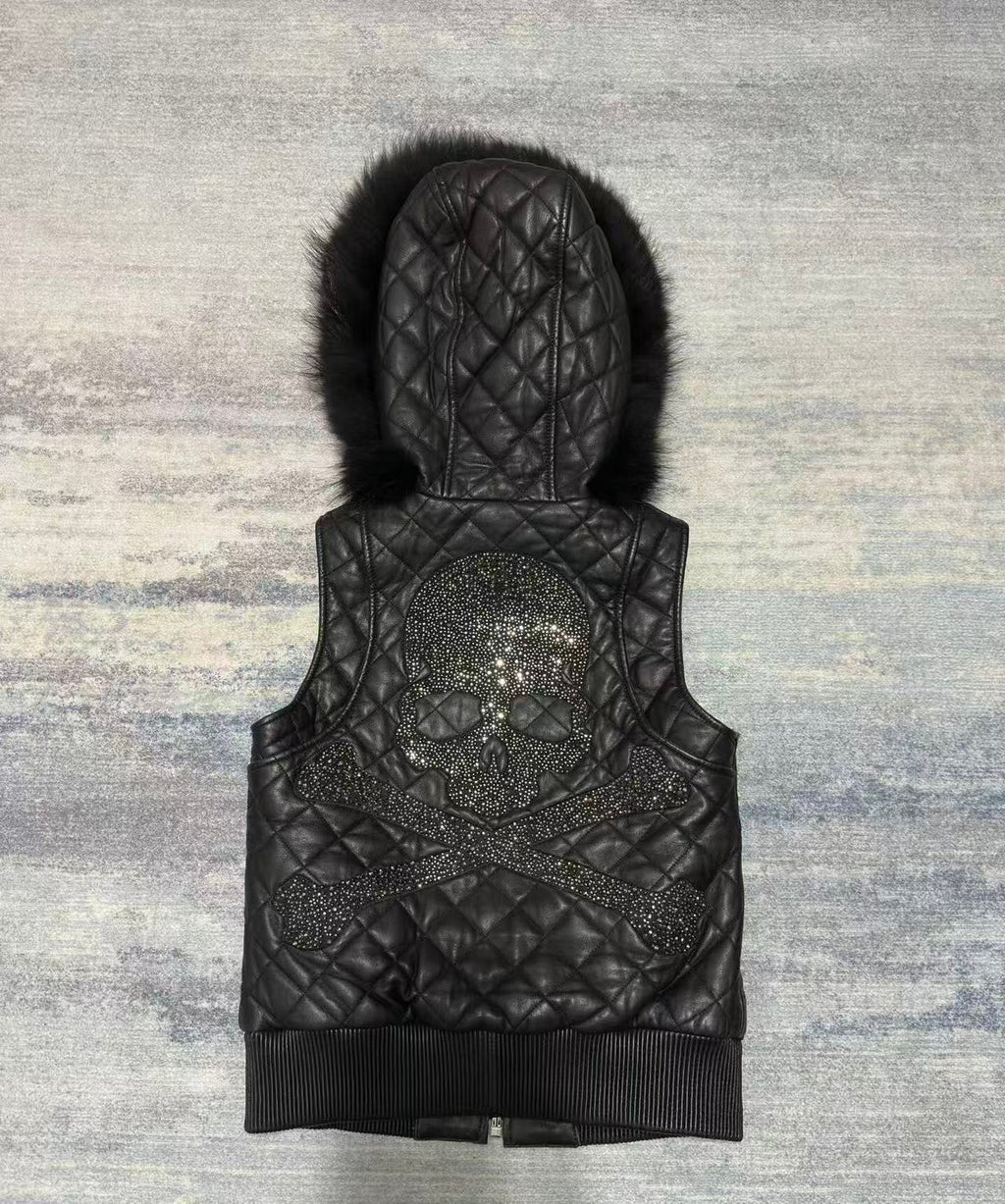Philipp Plein Blouson Gilet Renard Noir Fourrure Capuche
