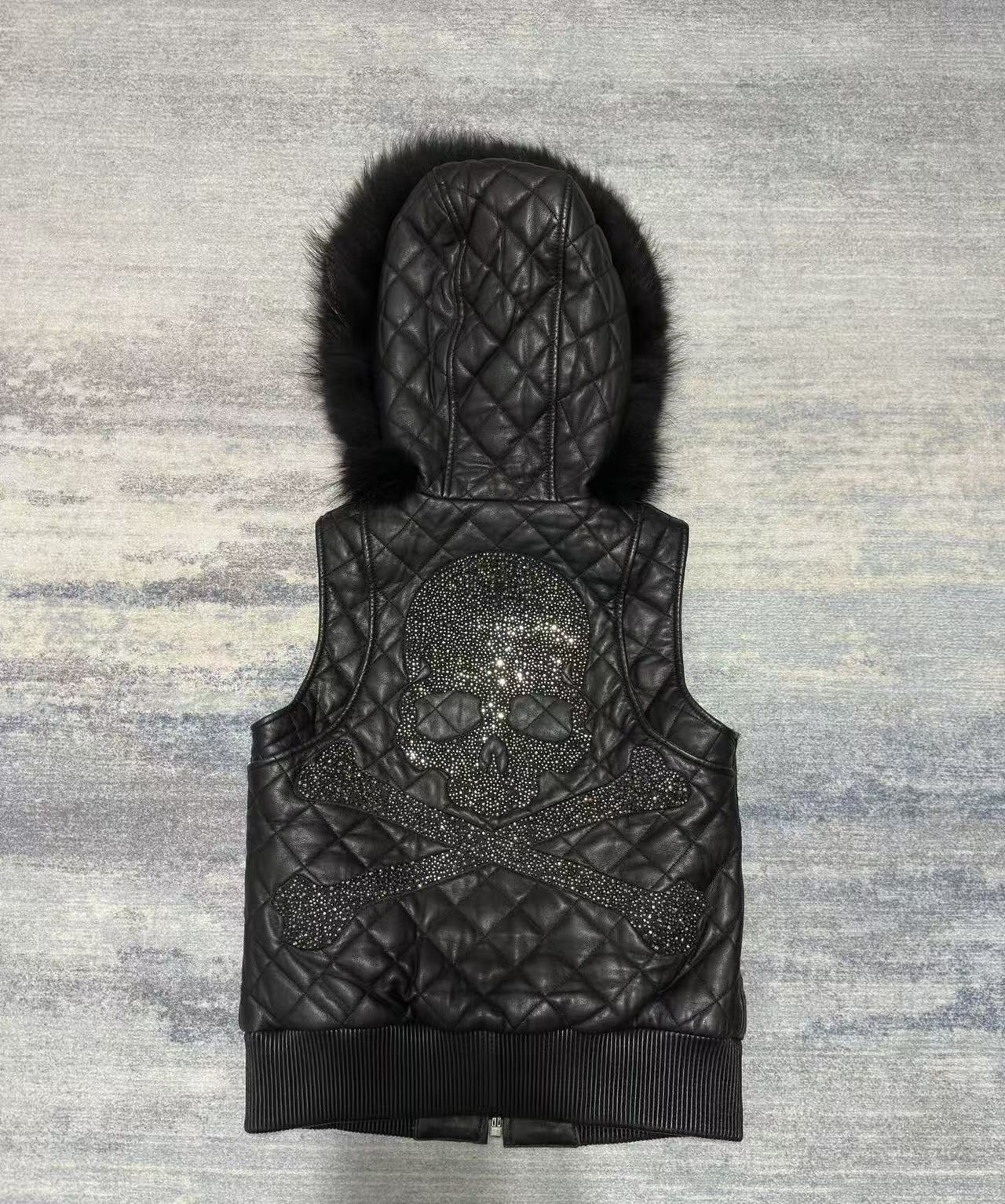 Philipp Plein Blouson Gilet Renard Noir Fourrure Capuche