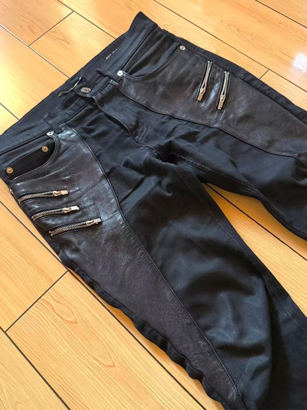 Saint Laurent Paris 5-Zip Biker Leather Paneled Denim Jeans