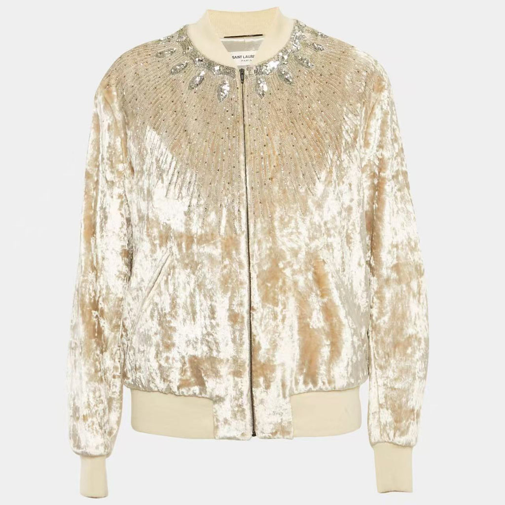 Saint Laurent 16FW Crystal and Studded Velvet Bomber Jacket