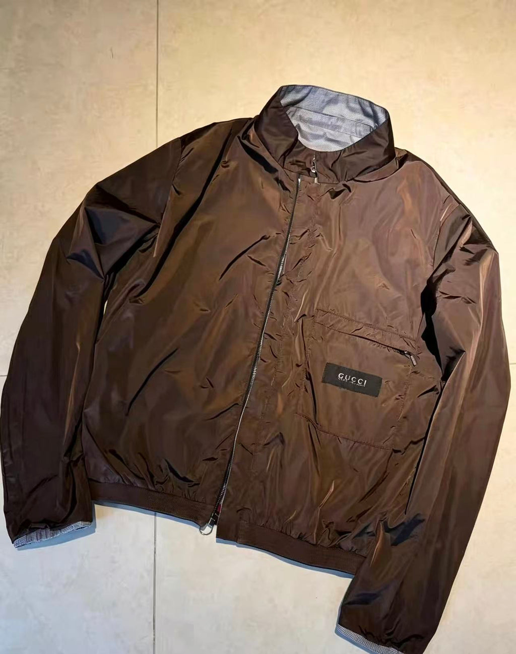 Gucci Reversible Grey Check Nylon Harrington Jacket
