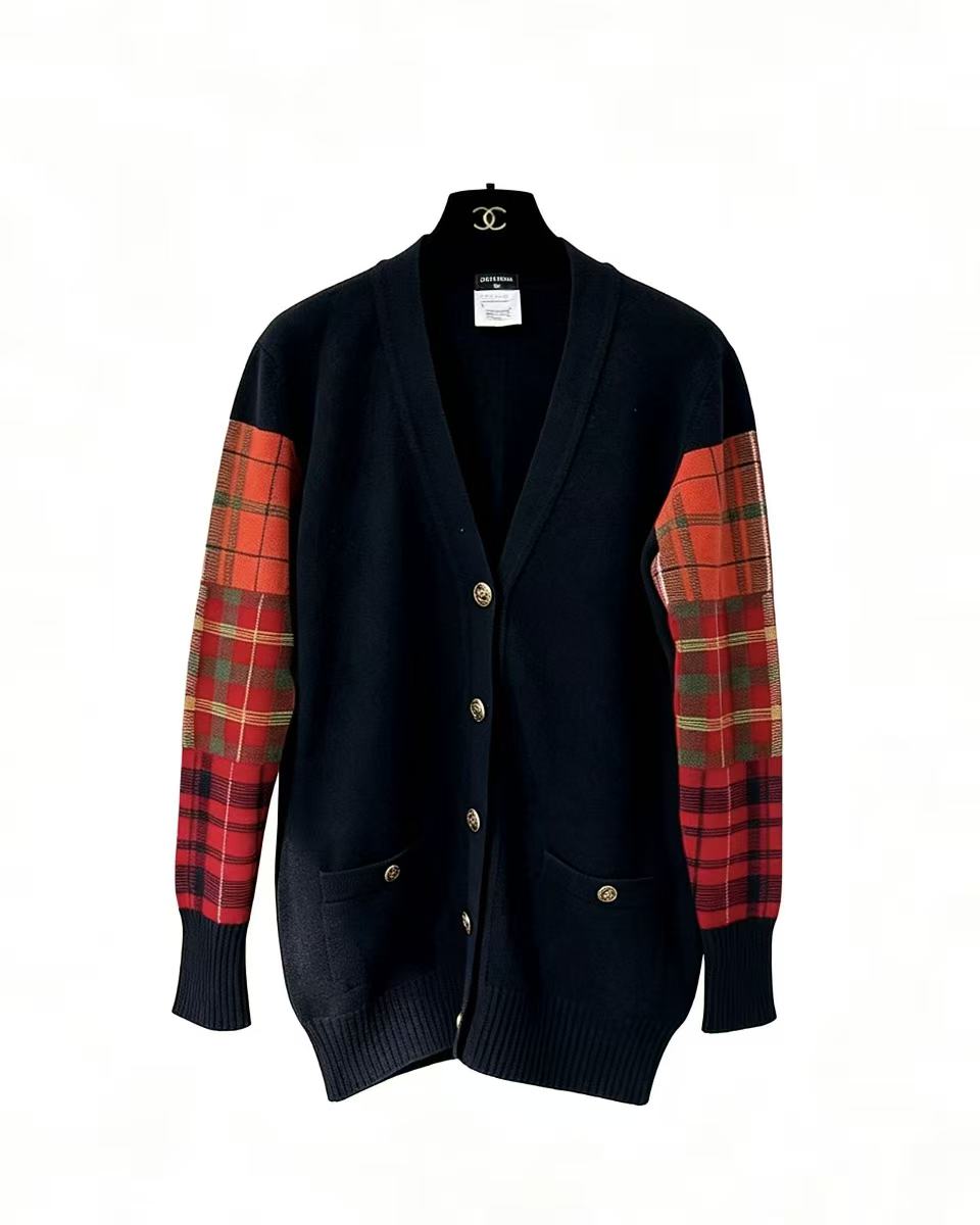 Chanel FW18 Tartan‑Sleeve Cashmere Cardigan