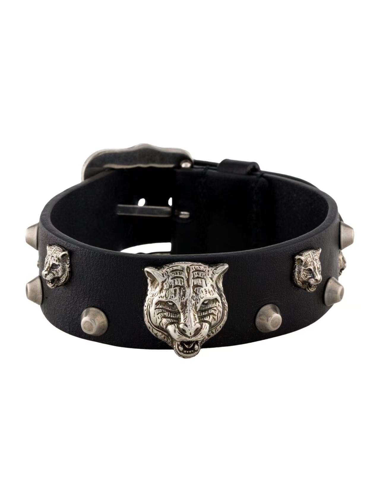 Gucci Feline Studded Leather Buckle Bracelet