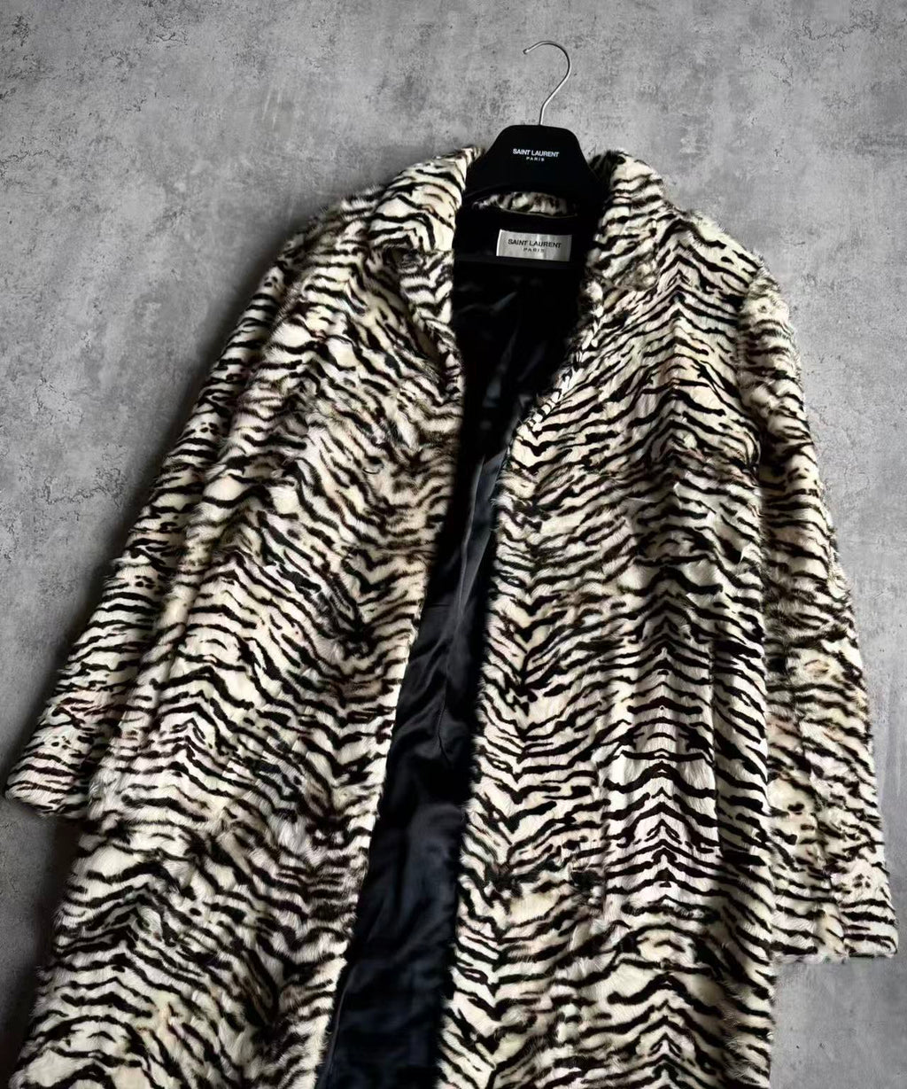 Saint Laurent 15AW Black and White Tiger Stripe Full Lambskin Shearling Fur Overcoat