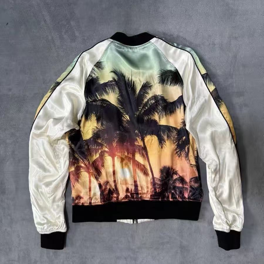 Balmain SS19 Sunset Palm Tree Satin Bomber Jacket
