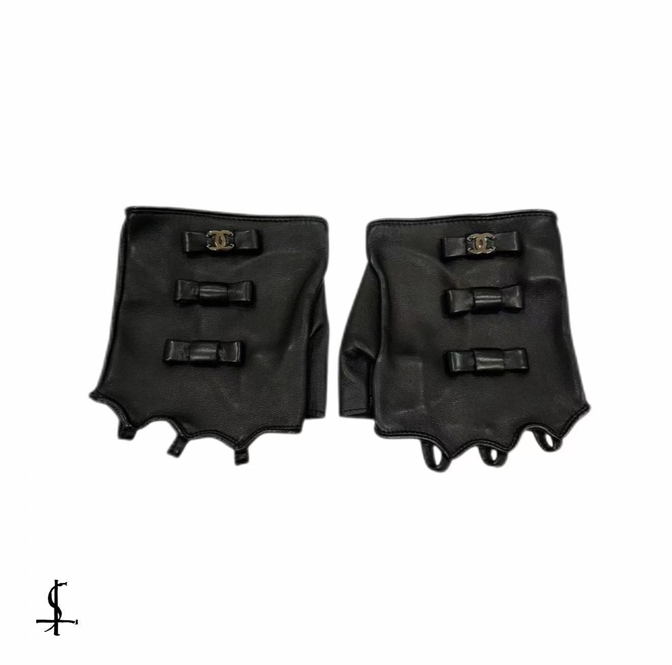 Chanel Black Fingerless Leather Gloves