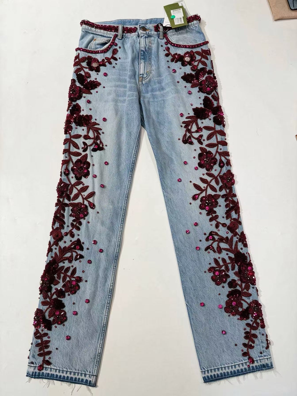 Gucci 23SS Burgundy Beaded Floral Embroidered Washed Denim Pants