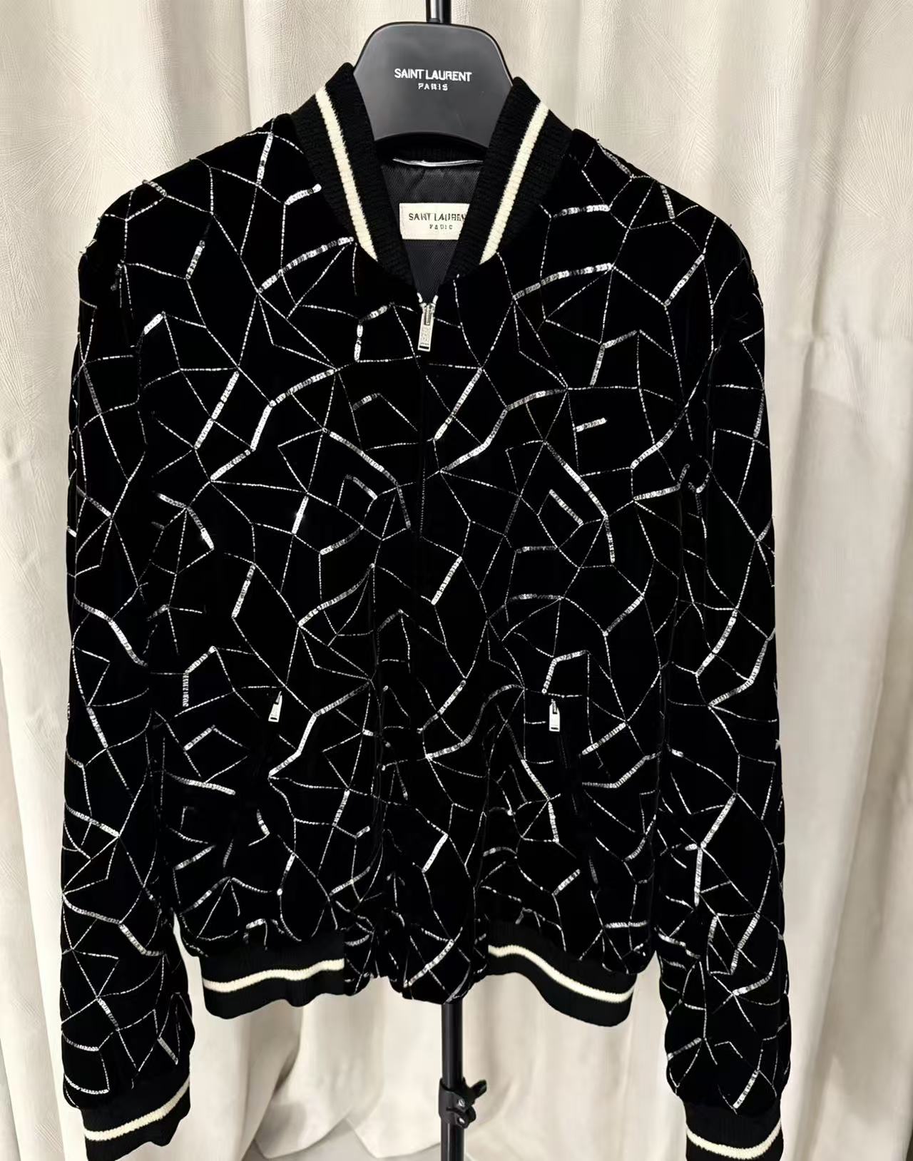 Saint Laurent 19FW Black Sequin Teddy Tangle Jacket