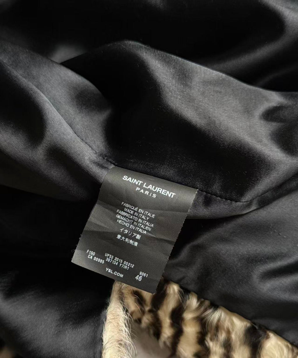 Saint Laurent 15AW Black and White Tiger Stripe Full Lambskin Shearling Fur Overcoat