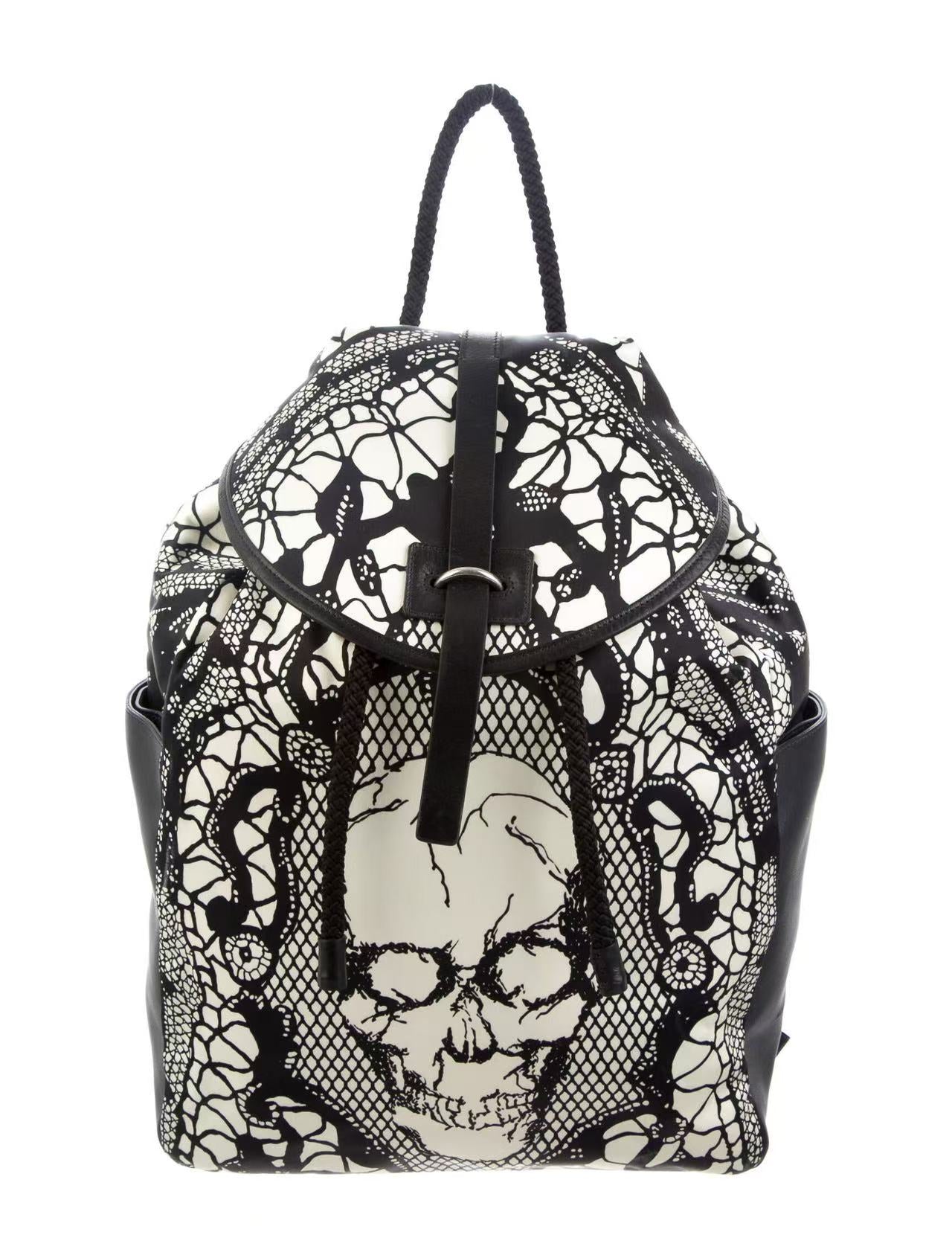 Alexander Mcqueen 14SS Skull Lace‑Print Drawstring Backpack