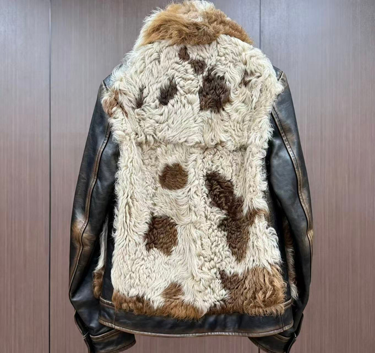 Prada 17AW Colorblock Pattern Shearling Lamb Leather Jacket