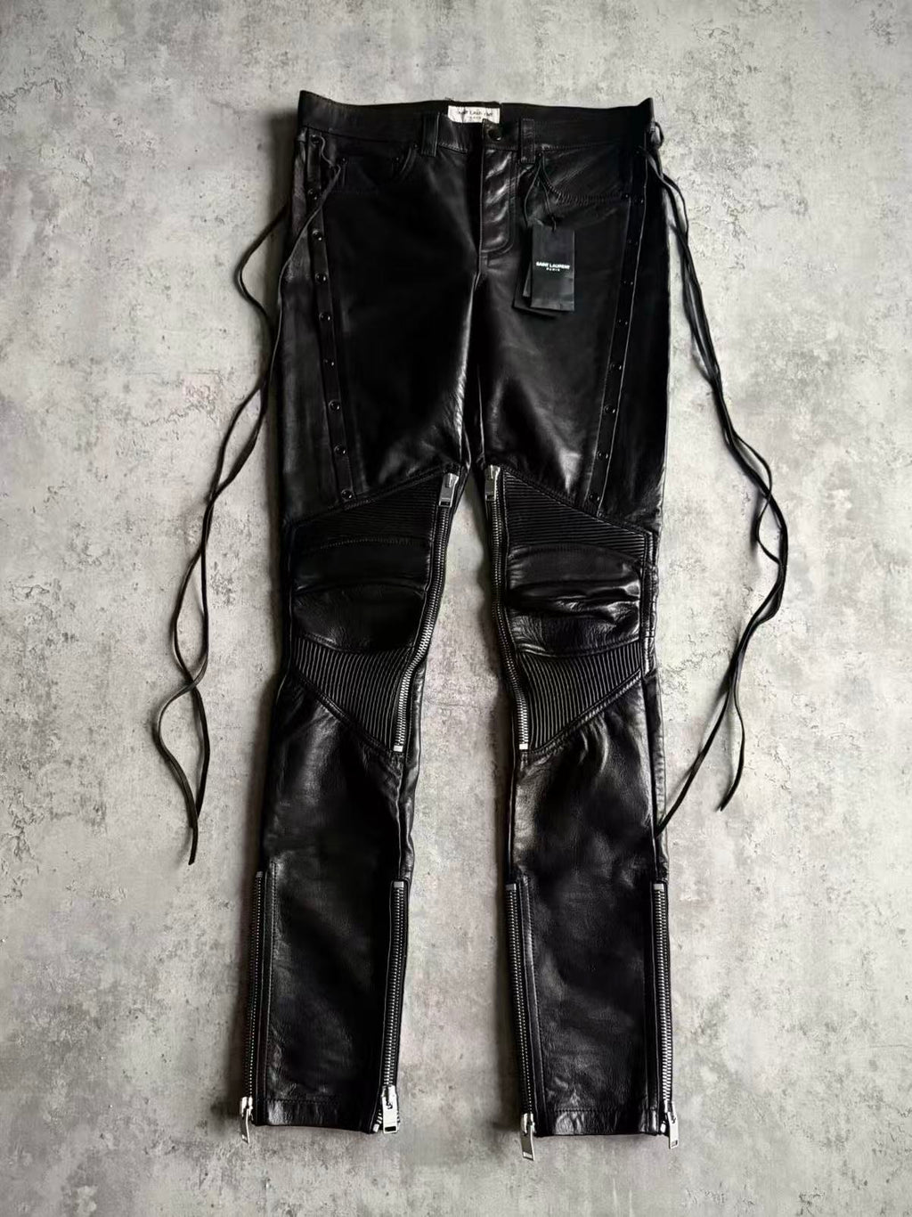 Saint Laurent 13AW Black Demon Strap Full Leather Biker Pants