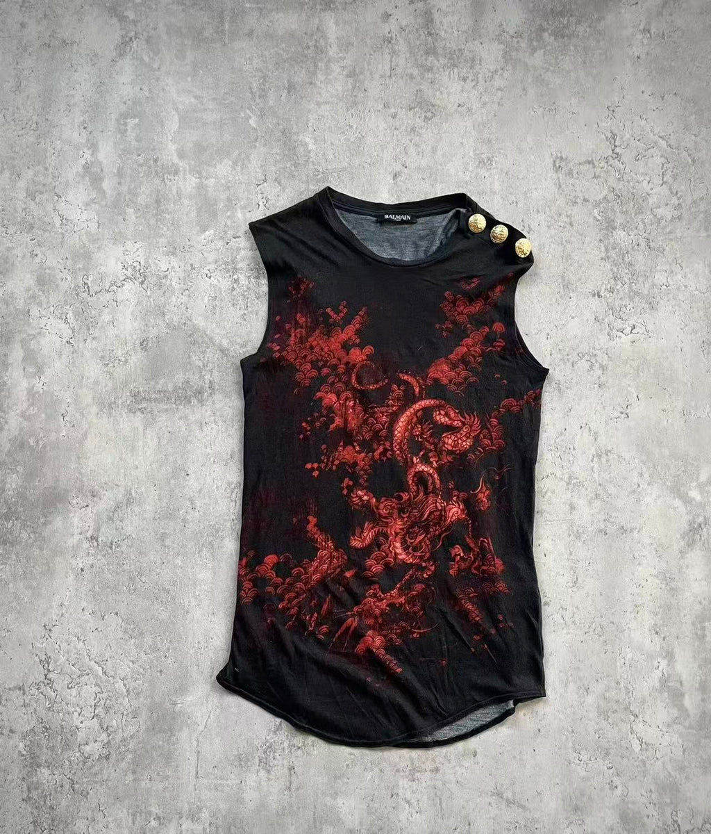 Balmain 19SS Dragon Print Sleeveless Top