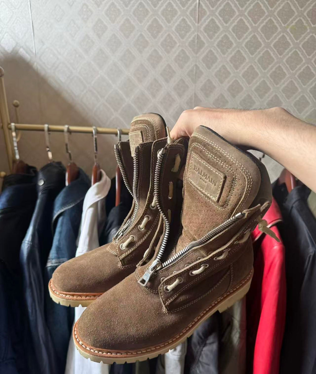 Balmain 16SS Khaki Brown Suede Lace Up Hiking Combat Boots