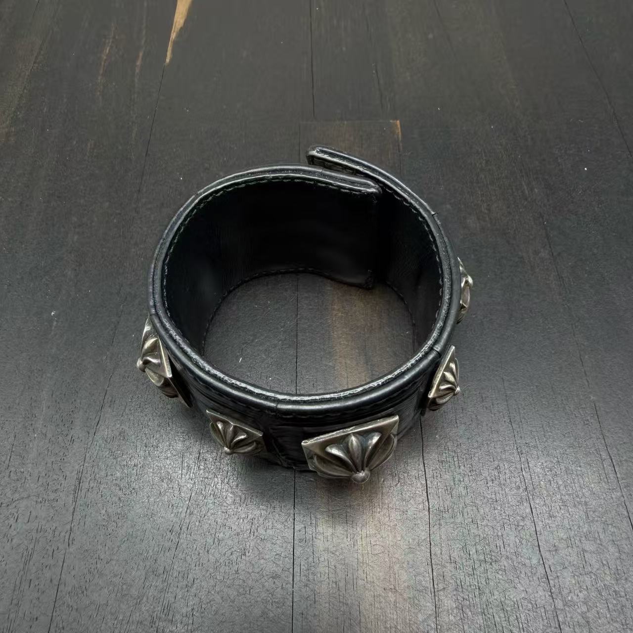 Chrome Hearts Studded Maltese Cross Leather Cuff Bracelet