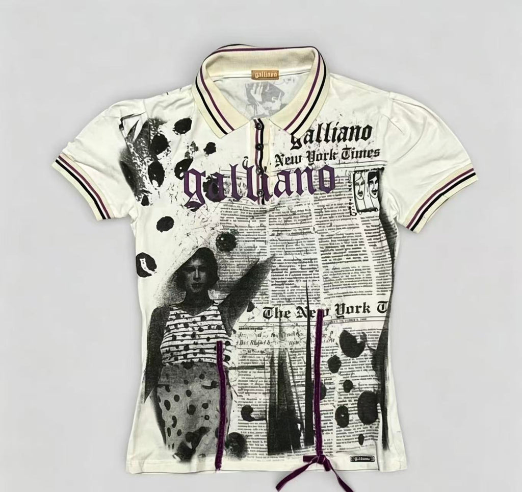 John Galliano Newspaper Print Short Sleeve Polo