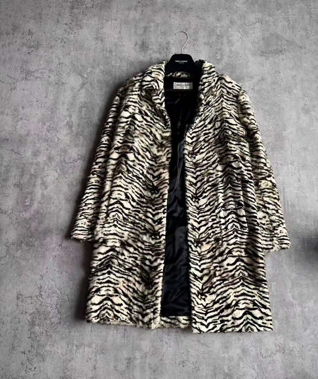 Saint Laurent 15AW Black and White Tiger Stripe Full Lambskin Shearling Fur Overcoat