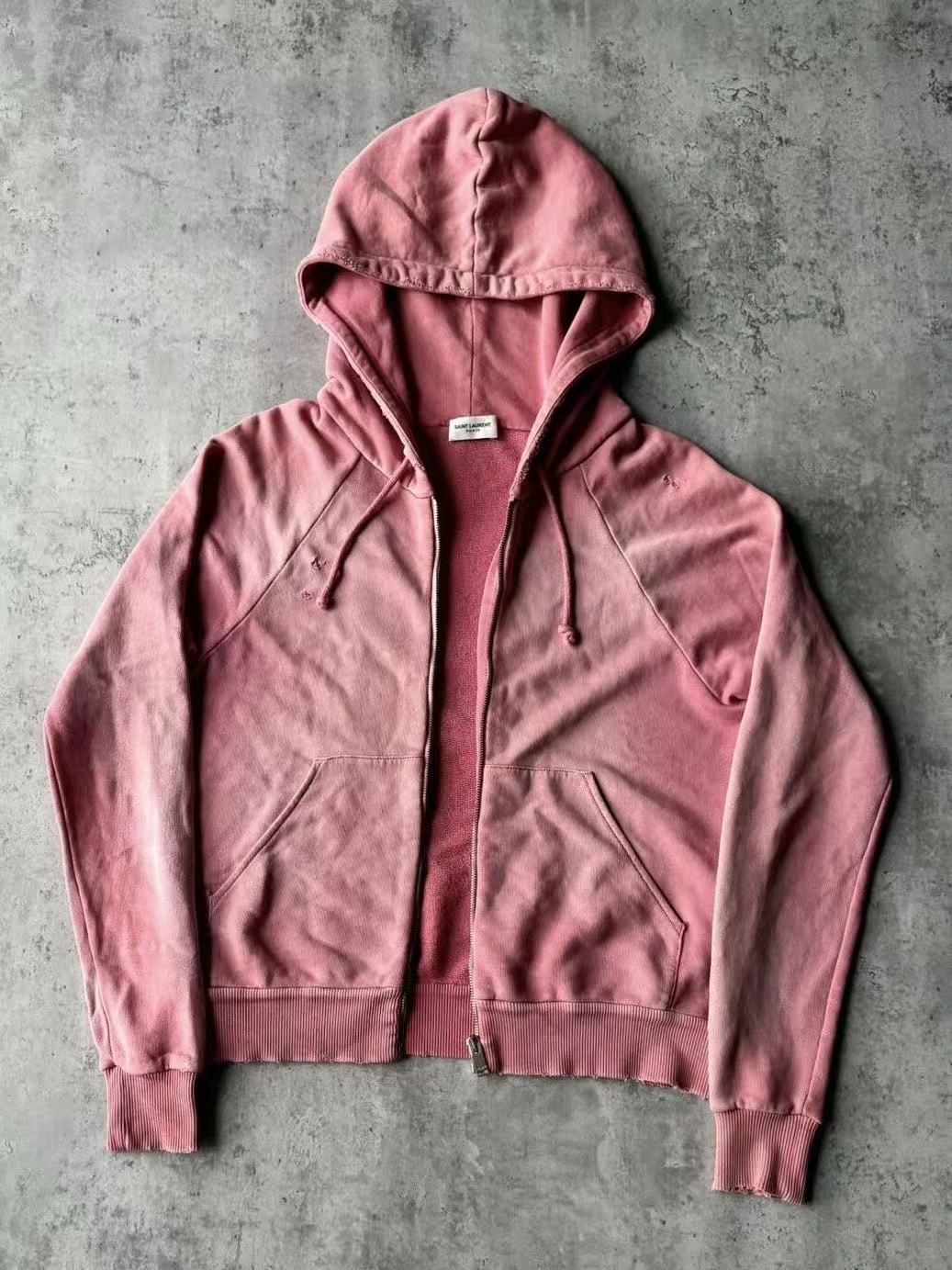 Saint laurent 16SS Washed Pink Distressed Zip‑Up Hoodie