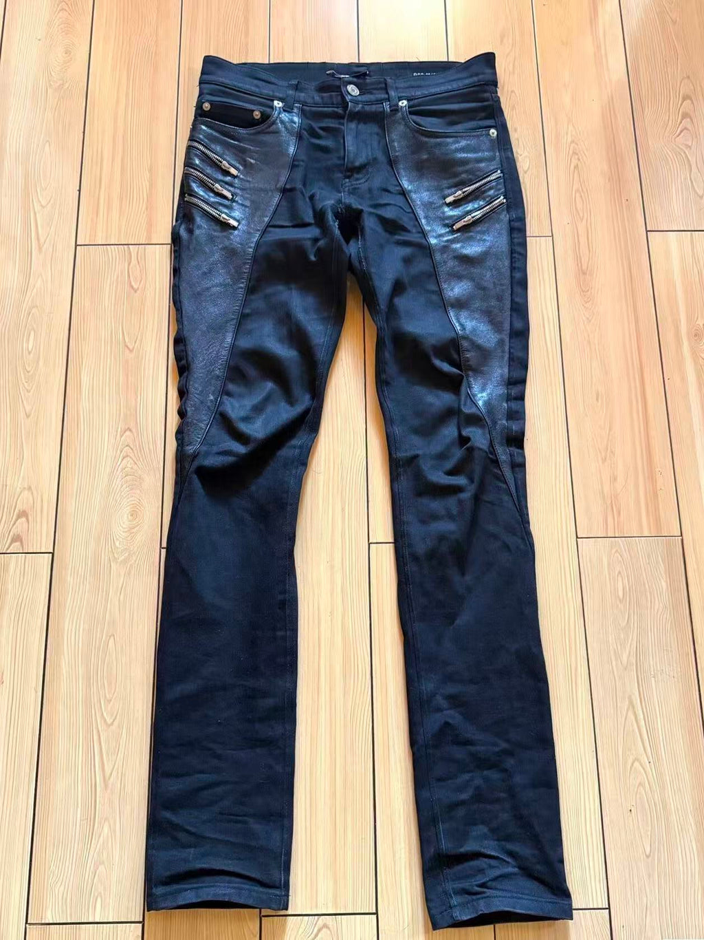 Saint Laurent Paris 5-Zip Biker Leather Paneled Denim Jeans