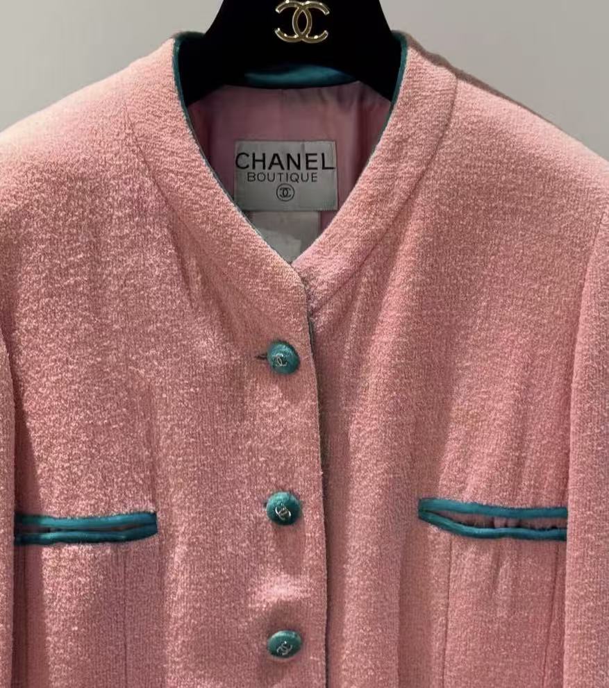 Chanel 96SS Pink & Green Velvet Trim Tweed Jacket