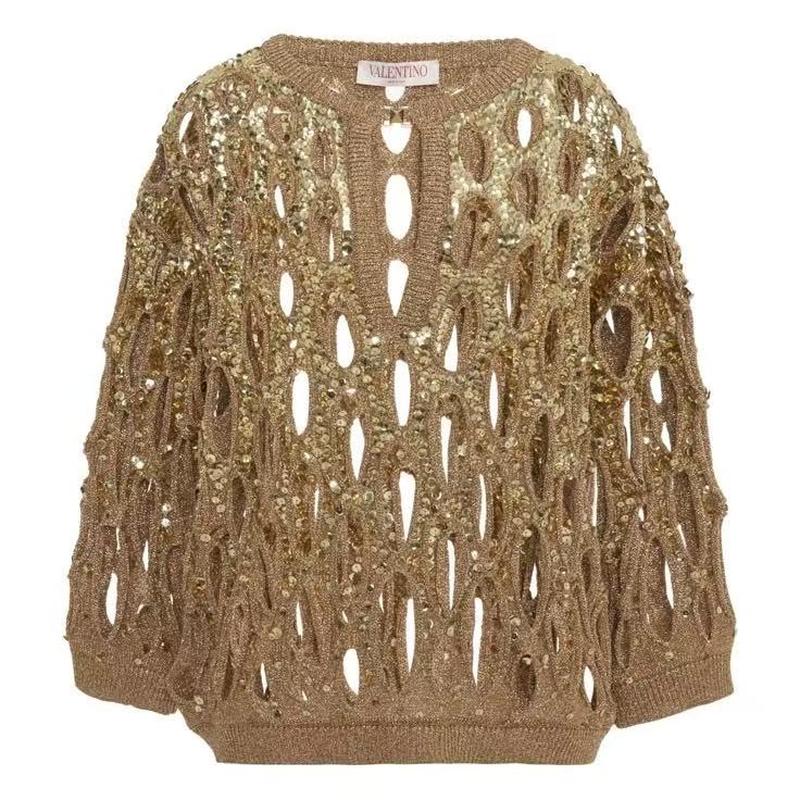 Valentino 23SS Gold Sequin Cut‑Out Open‑Knit Sweater