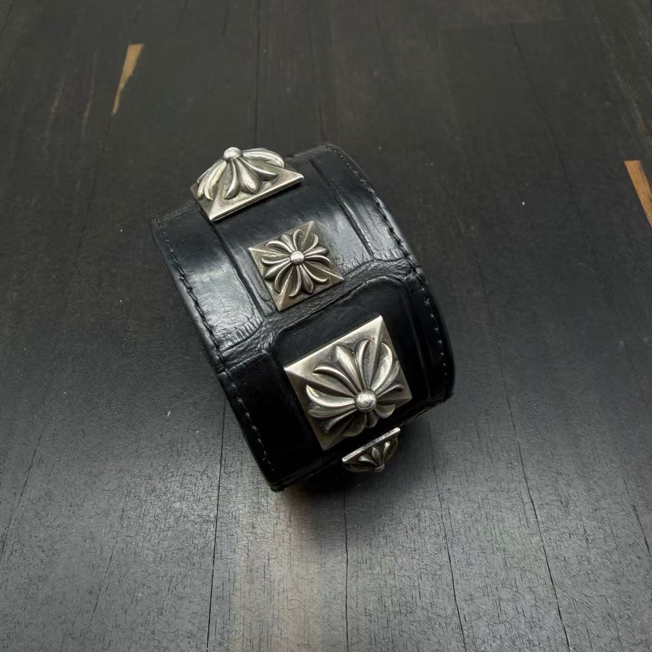 Chrome Hearts Studded Maltese Cross Leather Cuff Bracelet