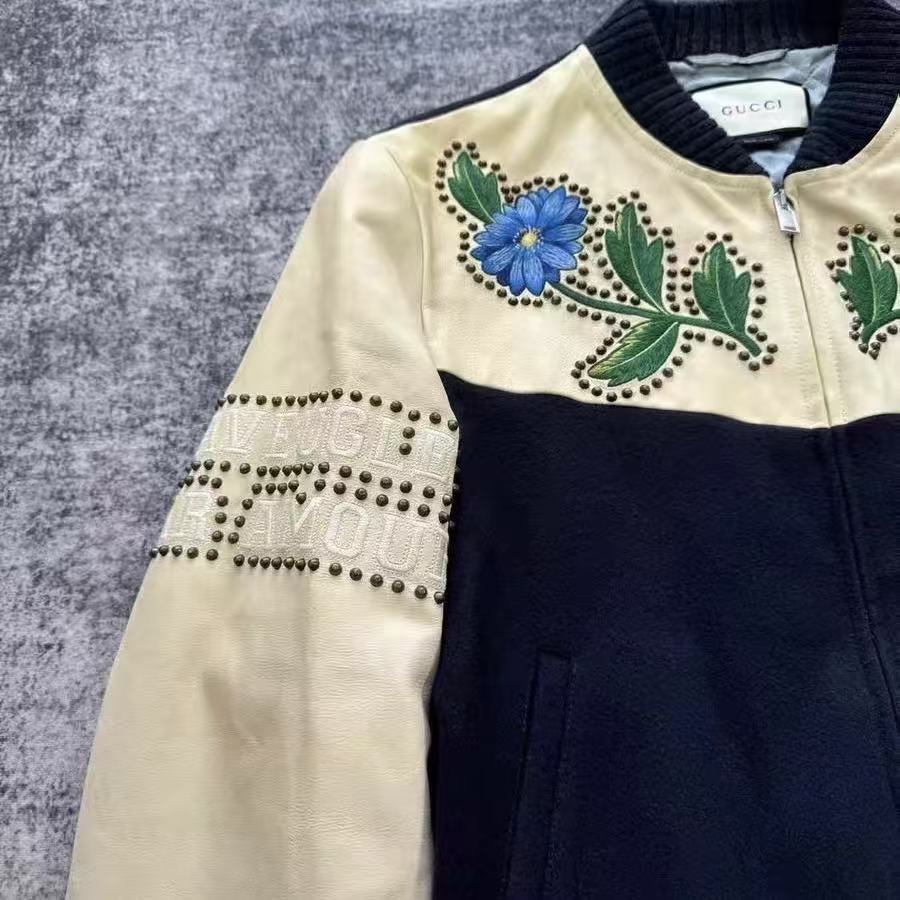 Gucci 17SS Floral Embroidery Studded  Panel Bomber Jacket