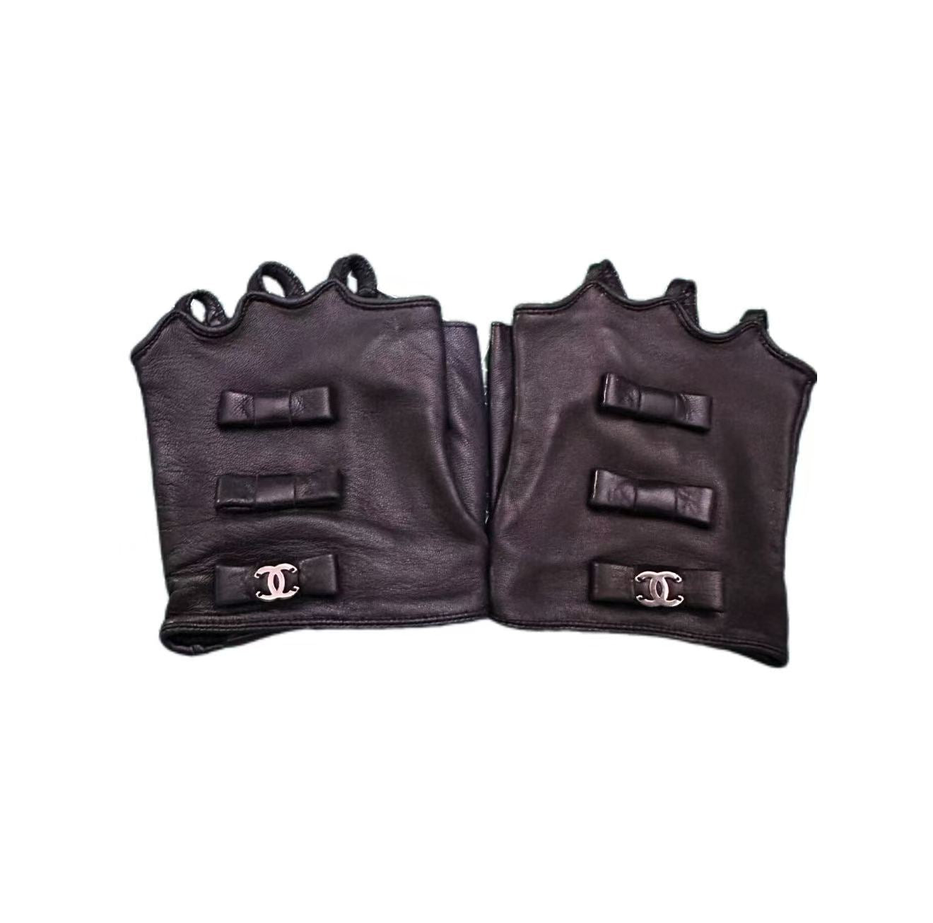 Chanel Black Fingerless Leather Gloves