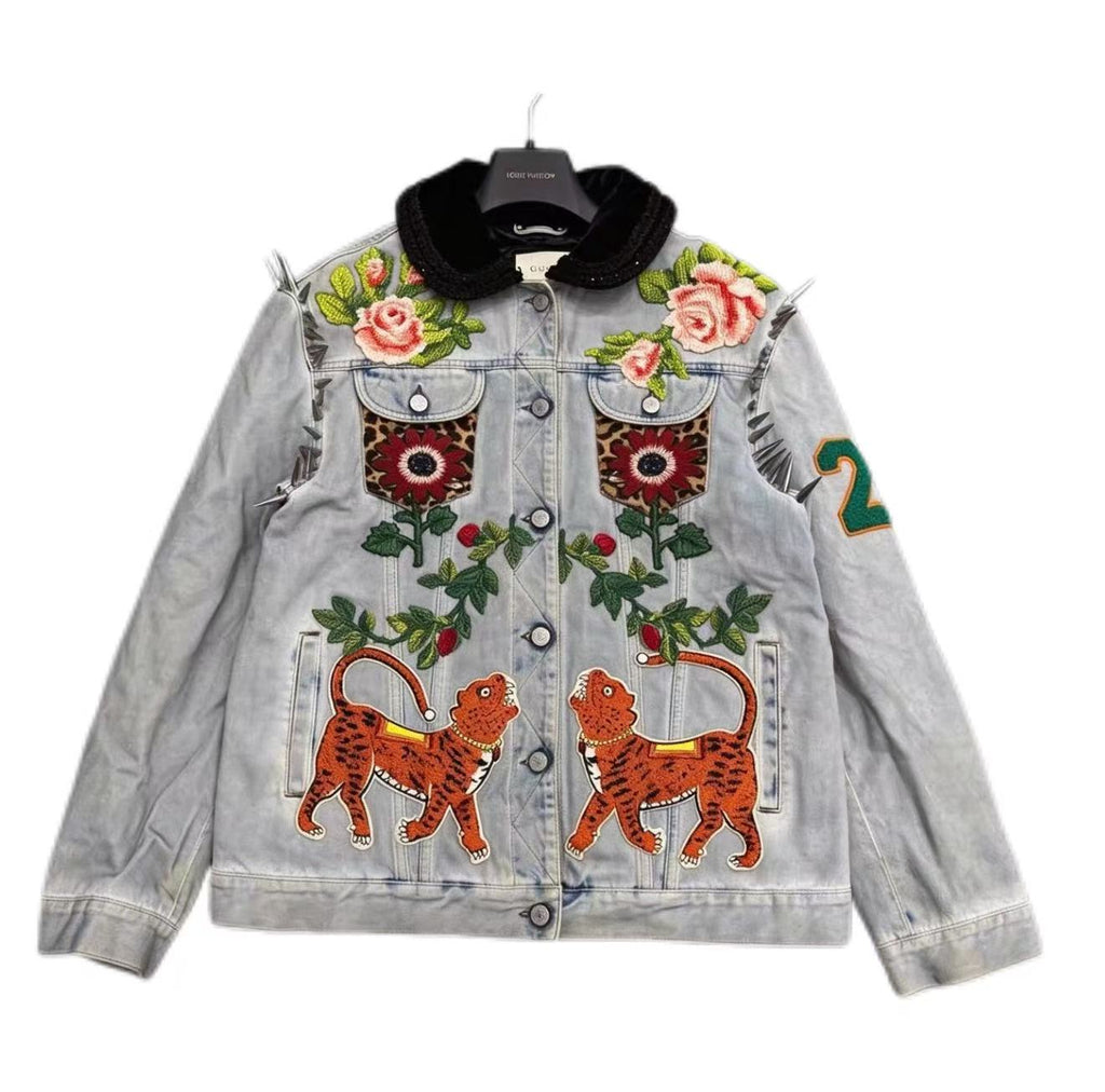 Gucci 17FW Dual Tiger Floral Embroidered Studded Velvet‑Collar Jacket