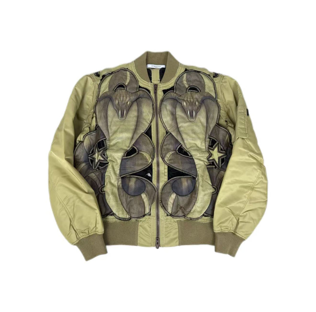 Givenchy Green Cobra Embossed Cut Out Bomber` Jacket