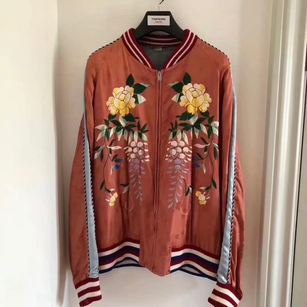 Gucci 17SS Wisteria Floral Embroidered Pink Silk Bomber Jacket