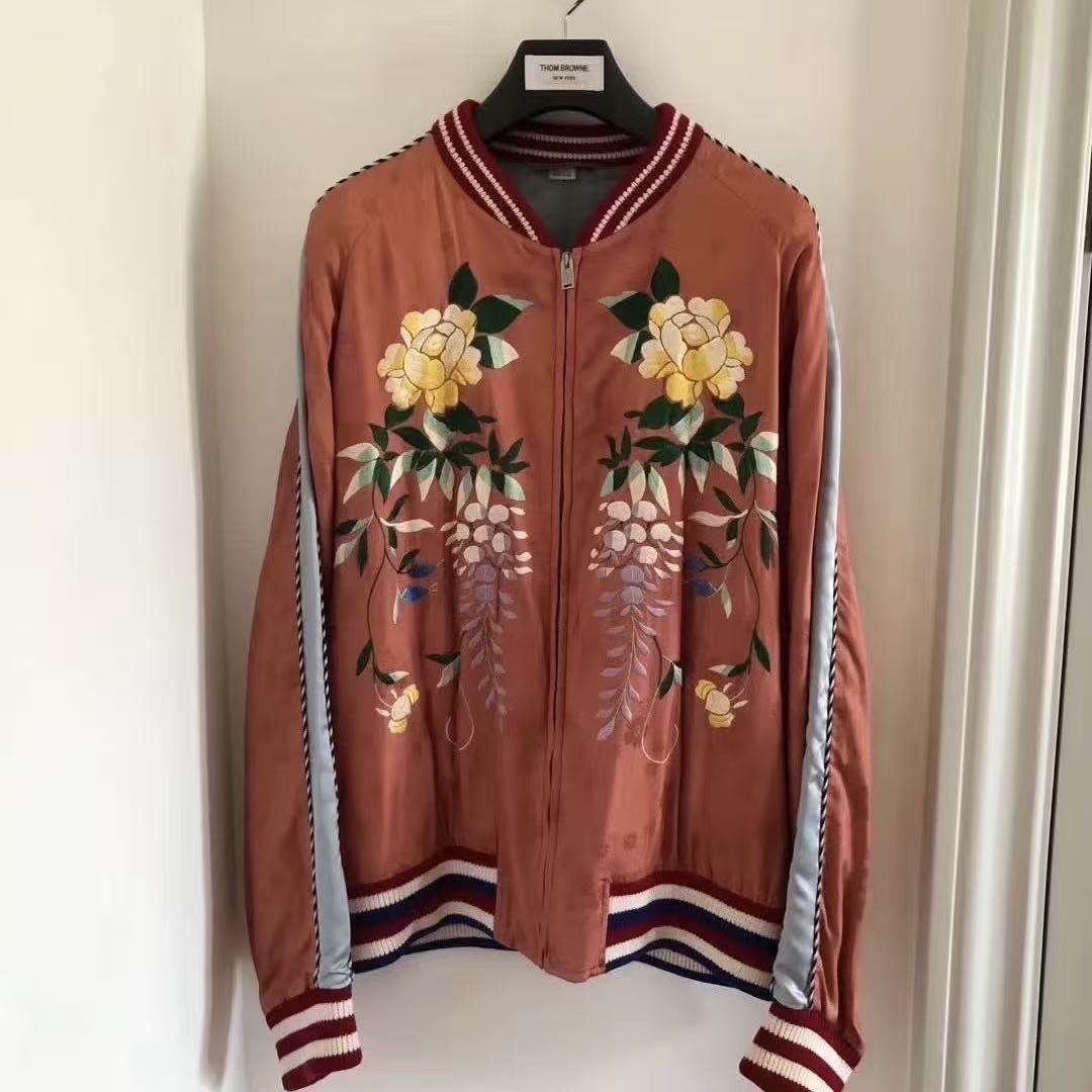 Gucci 17SS Wisteria Floral Embroidered Pink Silk Bomber Jacket