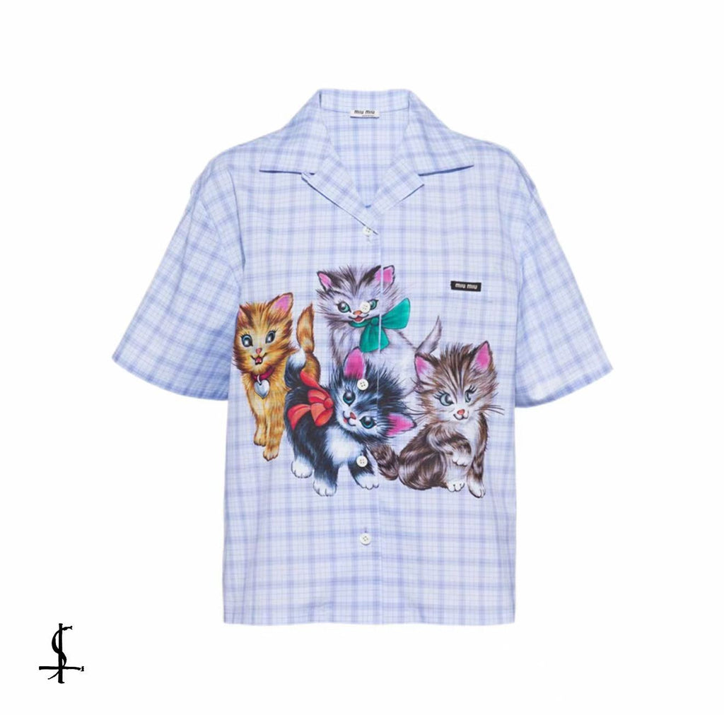 Miu Miu 20AW Check fil-à-fil cat-print shirt