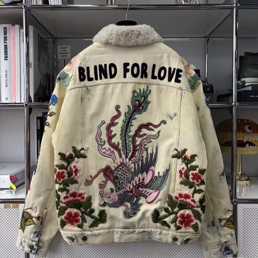 Gucci 17FW Phoenix Floral Embroidered Shearling Denim Jacket