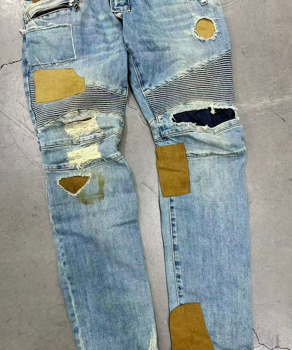 Balmain 15SS Biker Distressed Patchwork Denim Jeans