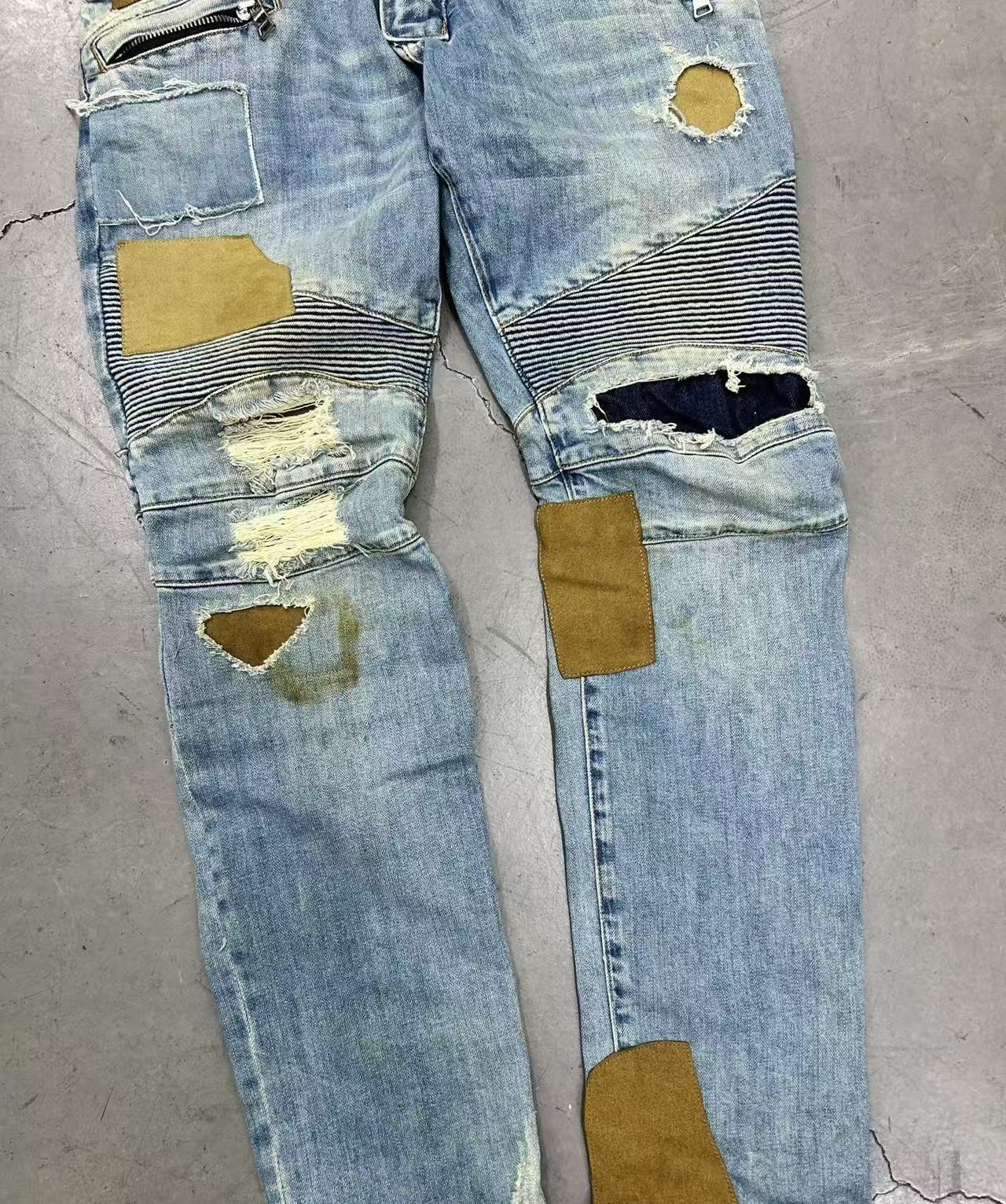Balmain 15SS Biker Distressed Patchwork Denim Jeans