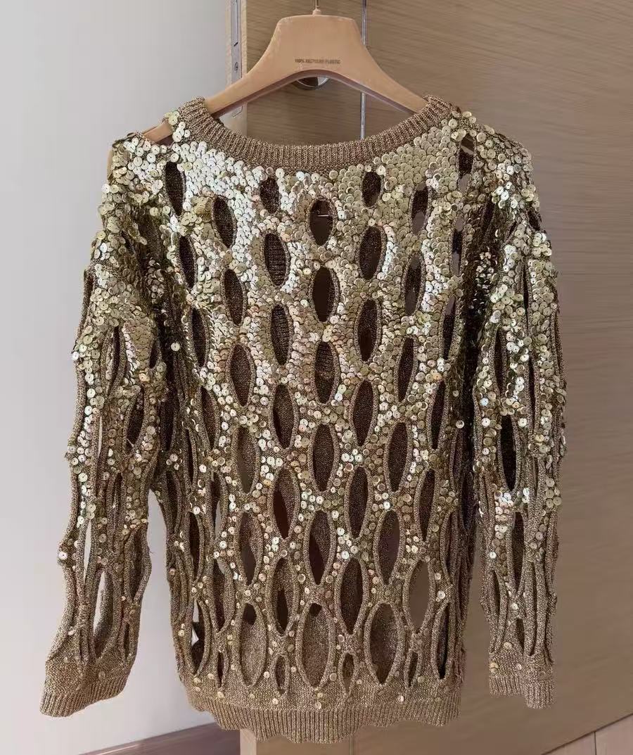Valentino 23SS Gold Sequin Cut‑Out Open‑Knit Sweater