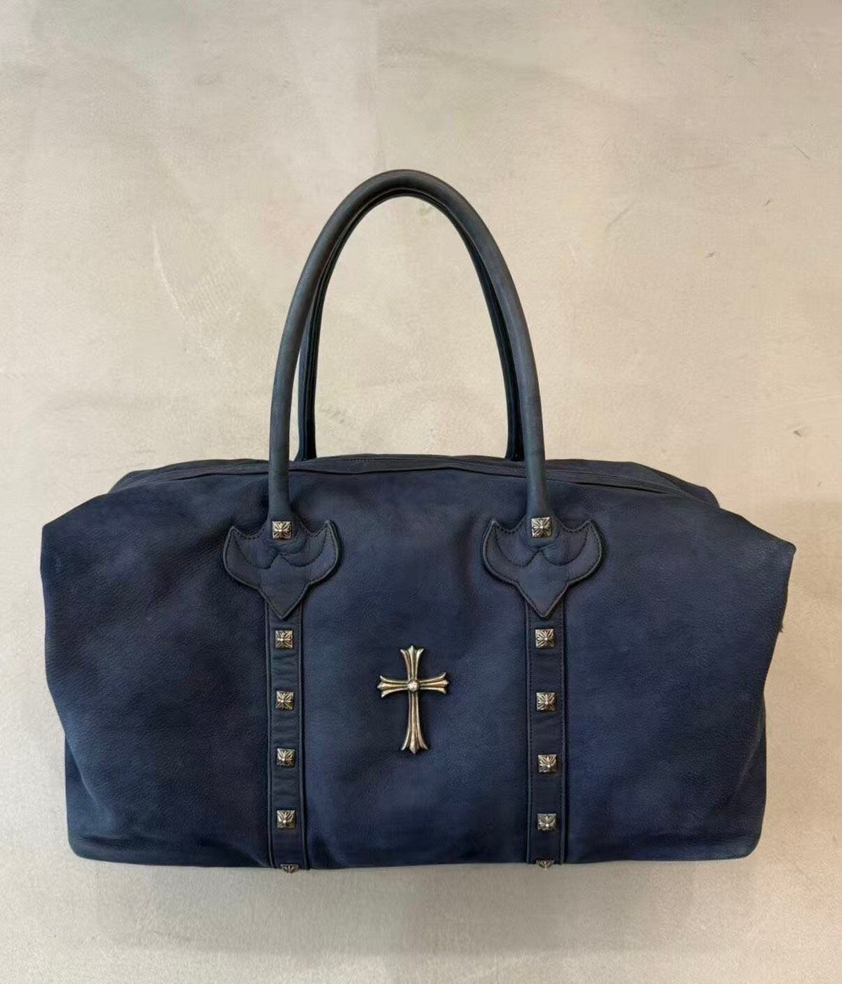 Chrome Hearts Navy Suede Cross Studded Duffle Travel Bag