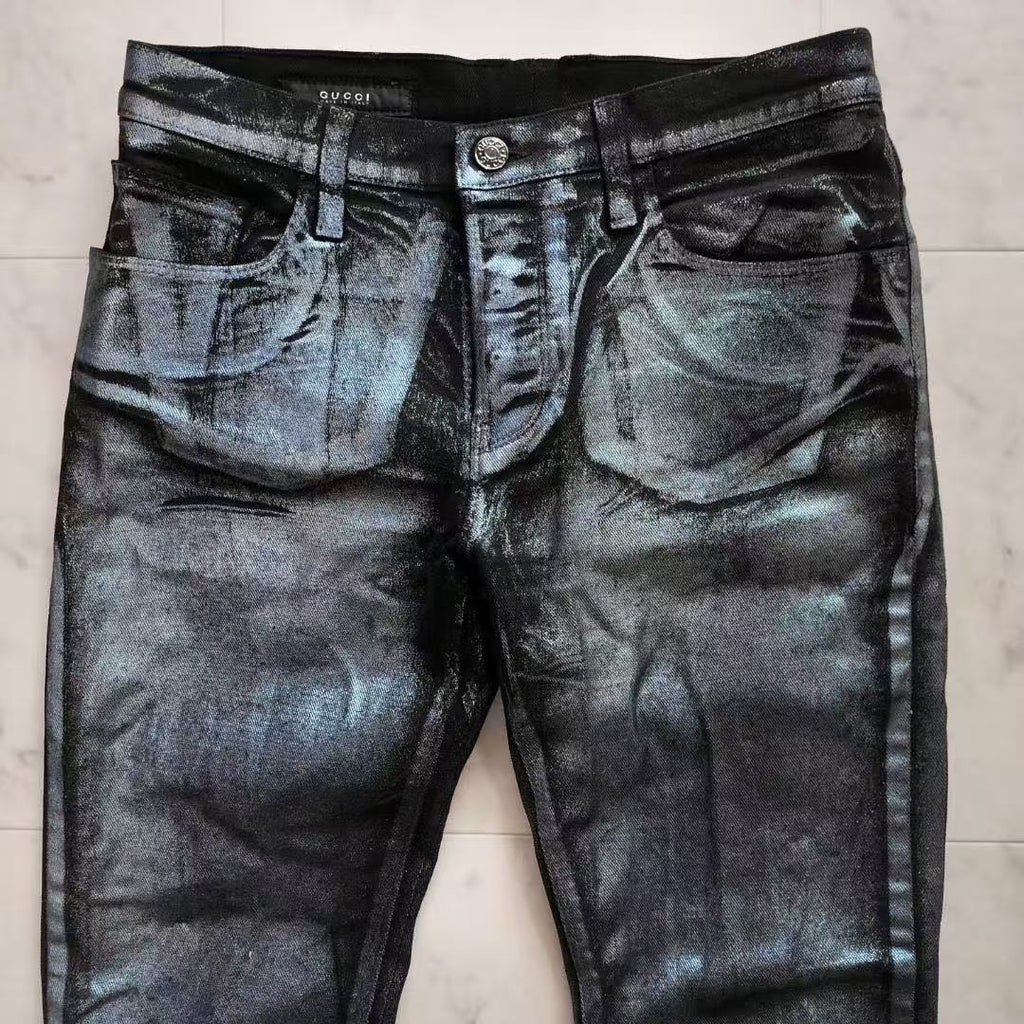 Gucci 09AW By Frida Giannini Black & Silver Trompe L'oeil Coated Jeans