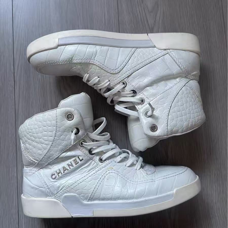Chanel 2019 White Crocodile Embossed High Top Sneakers
