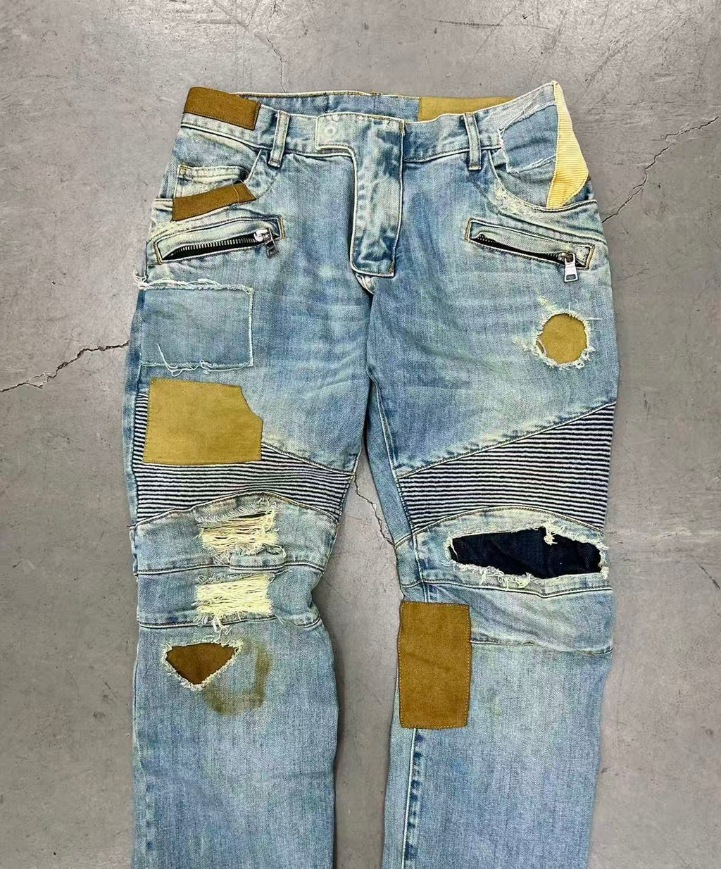 Balmain 15SS Biker Distressed Patchwork Denim Jeans