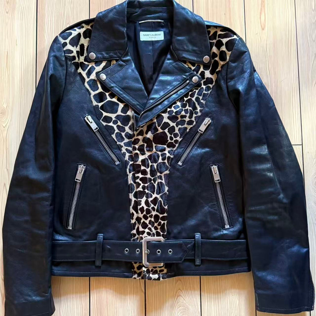 Saint Laurent 14AW Leopard Giraffe Panel Leather Biker Jacket