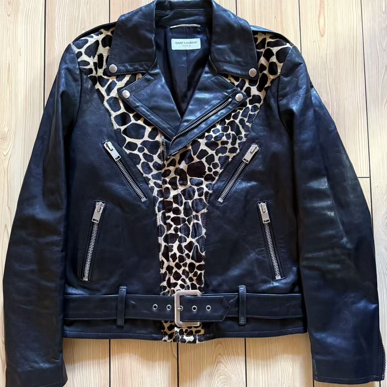 Saint Laurent 14AW Leopard Giraffe Panel Leather Biker Jacket