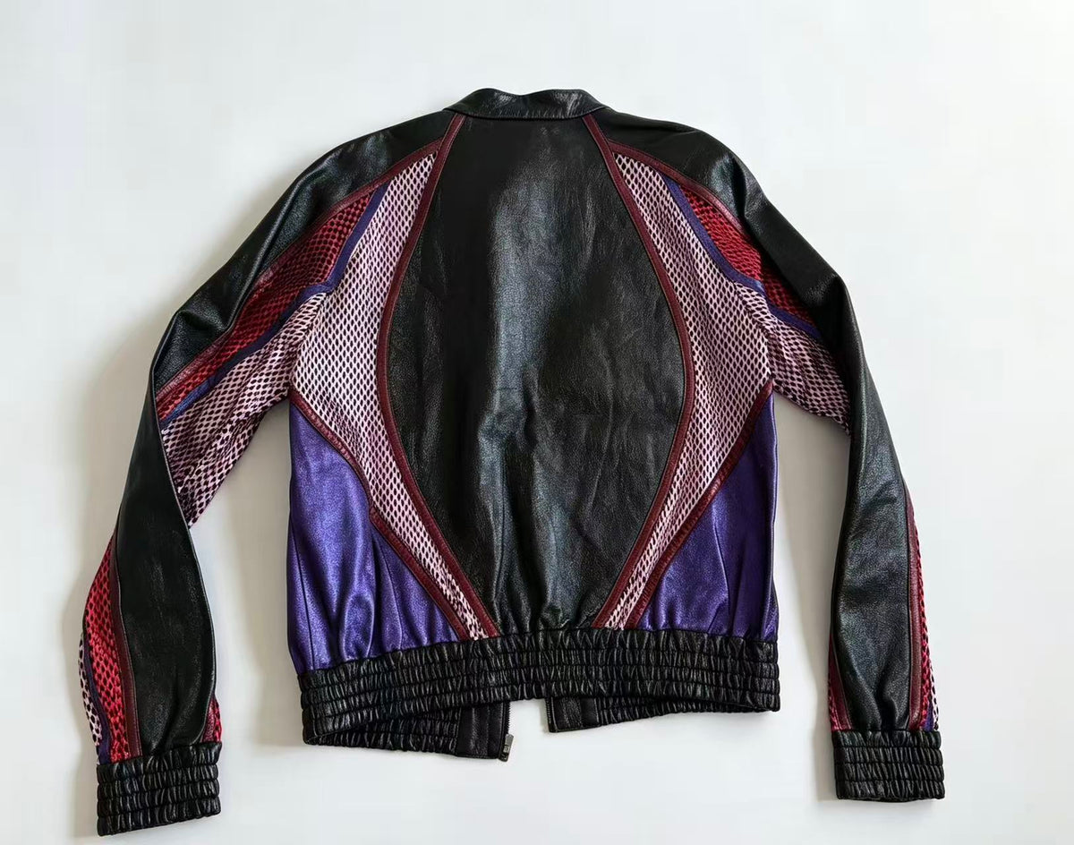 Gucci 14FW Multicolor Mesh Panel Leather Bomber Jacket