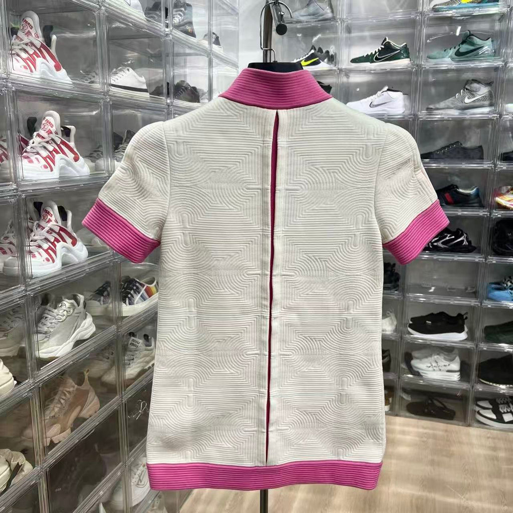 Chanel 2016 Cruise Seoul Runway White‑Pink Jacquard Zip‑Up Short Sleeve Jacket