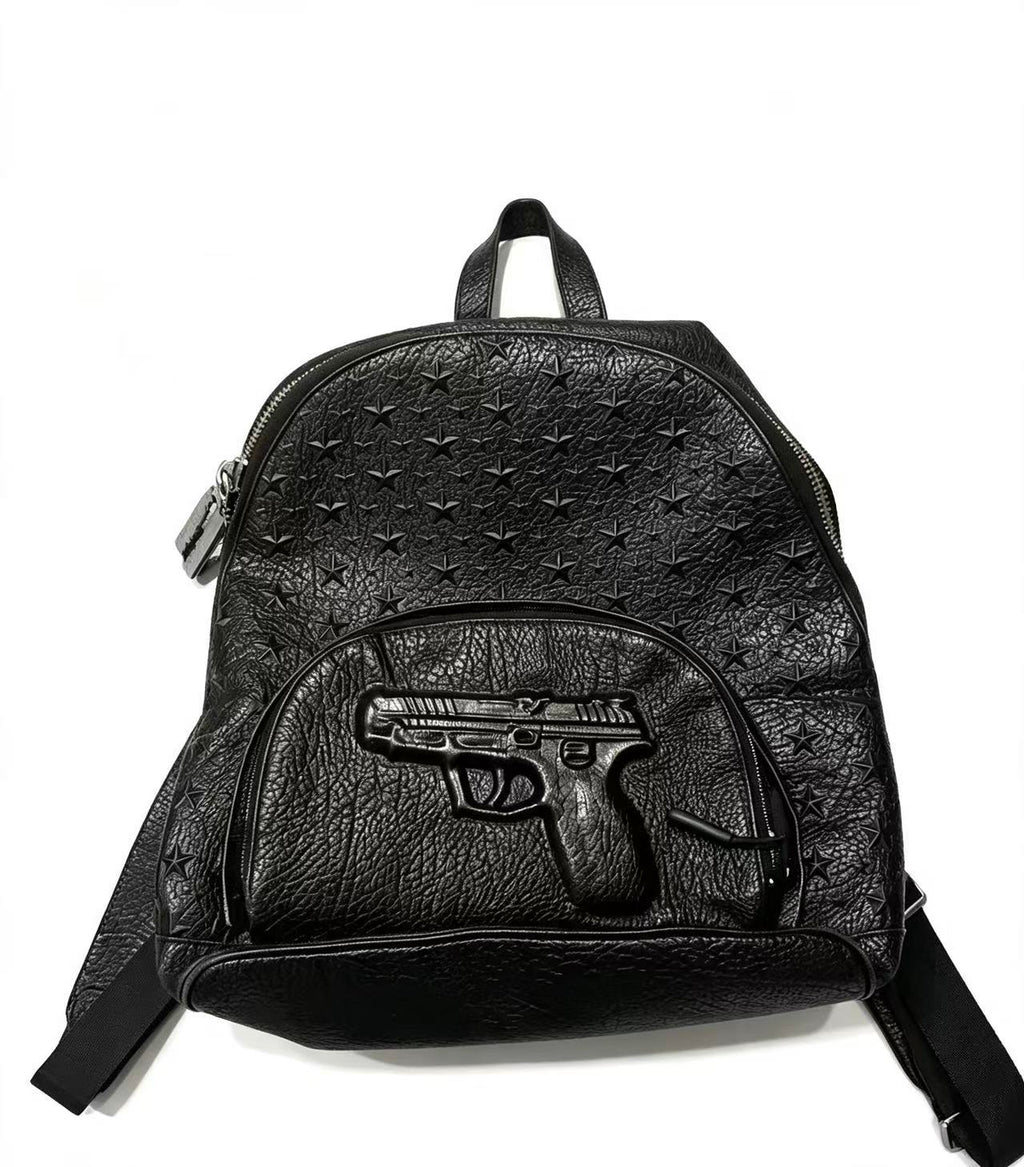 Philipp Plein Star Deboss Pistol Embossed Black Leather Backpack
